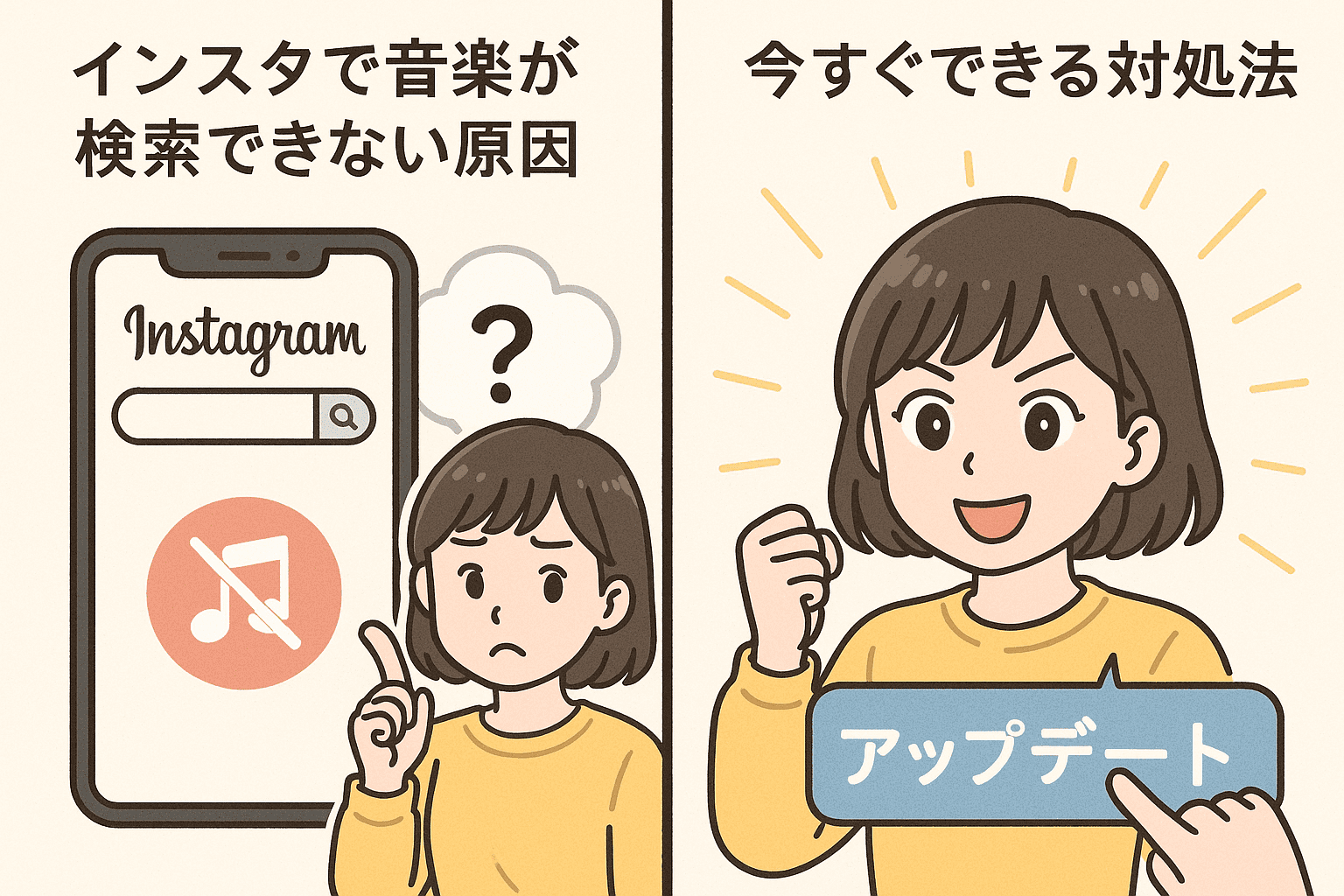インスタで音楽が検索できない原因の2コマ漫画