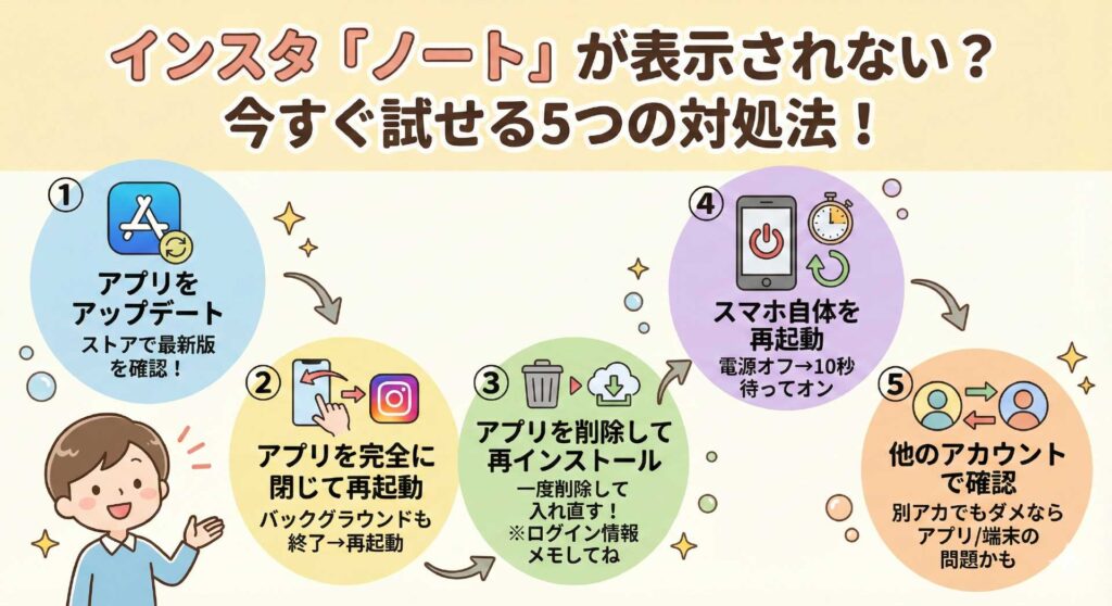 インスタ「ノート」が表示されない？
今すぐ試せる5つの対処法！を５段階で説明した画像
