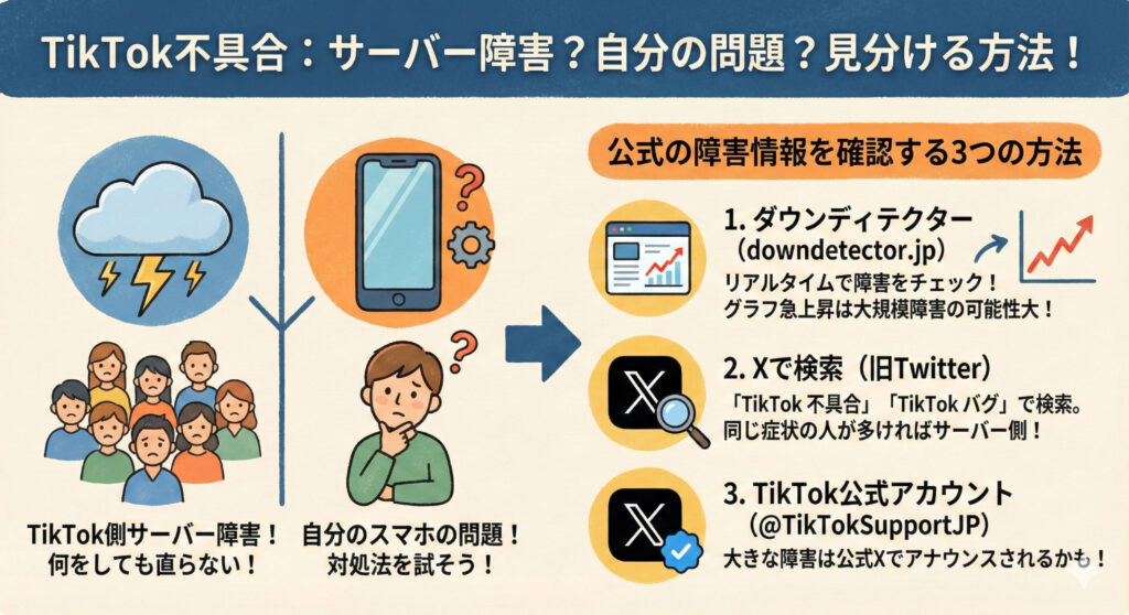TikTok不具合：サーバー障害？自分の問題？見分ける方法！を図解で説明した画像。
1.ダウンディテクター
(downdetector.jp)
リアルタイムで障害をチェック！
グラフ急上昇は大規模障害の可能性大！
2.Xで検索（ITwitter）
「TikTok 不具合」「TikTok バグ」で検索。
同じ症状の人が多ければサーバー側！
3. TikTok公式アカウント
(@TikTokSupportJP)
大きな障害は公式Xでアナウンスされるかも！
以上を説明しています。
